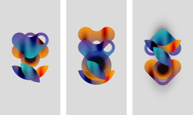 Soyut sanat eserleri. Üç panelde renkli, üst üste binen şekiller var. Yumuşak eğimler organik kabarcıkları andıran sıvı formlar yaratır. Minimalist tasarım.