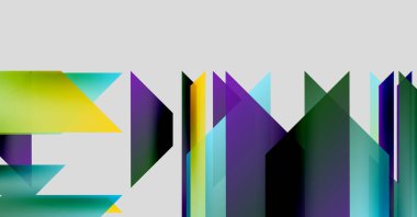 Soyut geometrik şekiller örtüşüyor, canlı renk eğimleri yaratıyor. Bileşim keskin açılar, dinamik biçimler, modern estetik.