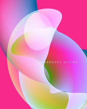 Abstract fluid shapes overlap, creating vibrant color gradients. Pink dominates background, with blue, yellow highlights. Modern design element.