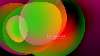 Abstract colorful circles overlap on black background. Gradient hues blend, creating dynamic visual effect. Modern design element.