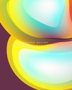 Abstract fluid shapes overlap, creating vibrant color gradients. Yellows, blues, oranges blend on dark purple backdrop. Modern design element.