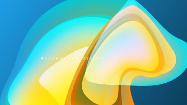 Soyut akışkan şekiller harmanlanır ve canlı gradyanlar oluşturur. Mavi, sarı, turuncu renkler koyu arkaplana hakim. Modern tasarım ögesi.