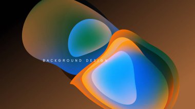 Soyut sıvı şekilleri örtüşür ve canlı renk değişimleri yaratır. Tasarım, koyu arkaplana karşı turuncu, mavi ve yeşil renklere sahiptir. Modern estetik.