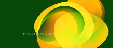 Soyut katmanlar dinamik dairesel form yaratır. Sarı, turuncu, yeşil renkler koyu arkaplan üzerinde harmanlanır. Modern tasarım ögesi.