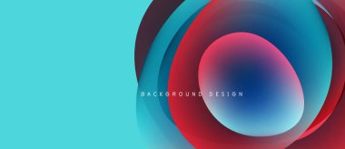 Soyut tasarım özellikleri üst üste binen daireler, canlı renkler. Turkuaz arka plan kırmızı, mavi gradyanlarla tezat oluşturuyor. Modern, dinamik kompozisyon.