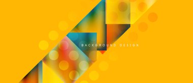 Parlak sarı arka plan geometrik şekiller, gradyanlar, daireler. Modern tasarım elementleri dinamik görsel doku oluşturur.