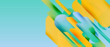 Soyut geometrik şekiller çakışıyor. Sarı, mavi, yeşil renkler dinamik kompozisyon oluşturur. Işık eğimleri derinlik ve modern tasarım öneriyor.