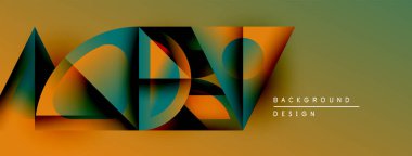 Soyut geometrik şekiller örtüşür, dinamik görsel efekt yaratır. Renkler turuncu, yeşil, morumsu, sessiz arkaplan. Modern tasarım ögesi.