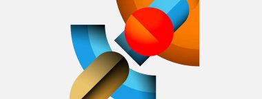 Soyut geometrik şekiller çakışıyor. Kırmızı küre, mavi ve turuncu tonlarla tezat oluşturan kompozisyona hükmediyor. Minimalist tasarım, mevcut temiz çizgiler.