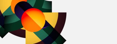 Soyut geometrik şekiller, canlı renkler, turuncu daire kompozisyona hakim. Modern tasarım, temiz çizgiler, minimalist estetik.