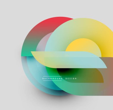 Soyut renkli şekiller dinamik görsel efektler yaratır. Yumuşak eğimler, modern tasarım elementleri mevcut. Arkaplan açık gri.