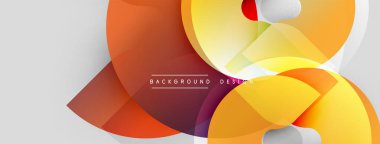 Soyut şekiller örtüşür, parlak turuncu ve sarı renkler yaratır. Beyaz alan temiz kontrast sağlıyor. Modern tasarım ögesi.
