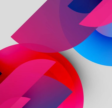 Soyut kompozisyon. Üst üste binen renkli şekiller dinamik görsel efekt yaratır. Gradyanlar derinlik ve doku ekler. Modern tasarım elemanları.