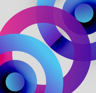Üst üste binen renkli daireler içeren soyut bir kompozisyon. Gradyan renkler dinamik görsel efekt yaratır. Modern tasarım, canlı, basit.
