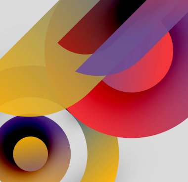 Soyut kompozisyon. Üst üste binen daireler, şekiller dinamik görsel efektler yaratır. Sıcak, serin renkler kusursuz bir şekilde harmanlanır. Modern tasarım.