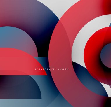 Soyut çakışan daireler dinamik bileşimler oluşturur. Kırmızı, mavi, mor renkler düzgün bir şekilde harmanlanır. Modern tasarım ögesi.