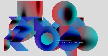 Soyut geometrik şekiller örtüşür, canlı renk karışımları yaratır. Mavi, kırmızı, turkuaz baskın kompozisyon. Modern tasarım ögesi.