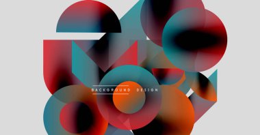 Soyut geometrik şekiller örtüşüyor, canlı renk eğimleri yaratıyor. Tasarım özellikleri daireler, üçgenler, açık gri arkaplanda dikdörtgenler.