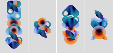 Üst üste binen renkli şekiller içeren soyut kompozisyonlar. Yumuşak eğimler akışkan formlar oluşturur, hareket ve derinlik gösterir. Minimalist estetik.