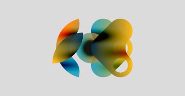 Soyut renkli şekiller çakışıyor, yumuşak gradyanlar yaratıyor. Açık sarılar, maviler, portakallar modern tasarıma karışıyor. Minimalist kompozisyon.