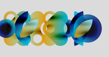 Soyut renkli şekiller örtüşür, dinamik görsel kompozisyon yaratır. Yumuşak eğimler hareket, ışık etkileşimi önerir.