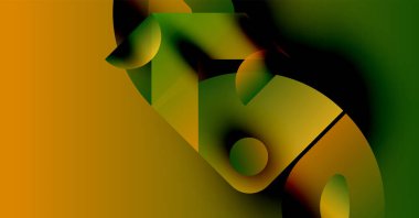 Soyut kompozisyon. Geometrik şekiller harmanlanır, dinamik görsel deneyim yaratır. Sıcak tonlarda yeşil aksanlar hakim. Yumuşak eğimler mevcut derinlik.