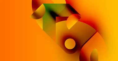 Soyut geometrik şekiller harmanlanarak sıcak turuncu ve sarı renkler oluşturur. Kompozisyon dinamik ve modern hissettiriyor. Pürüzsüz gradyanlar görsel alana hakim.