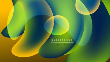 Soyut sıvı şekilleri örtüşür ve canlı renk değişimleri yaratır. Sarı, yeşil, mavi renkler arka planda pürüzsüz bir şekilde harmanlanır. Modern tasarım ögesi.