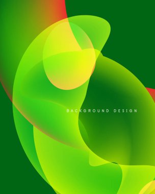 Soyut, enerjik şekiller çakışıyor. Yeşil baskın, sarı, turuncu aksanlı. Modern tasarım akıcılığı ve enerjiyi çağrıştırıyor.