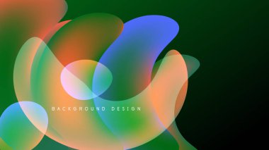 Soyut sıvı şekilleri örtüşür ve canlı renk değişimleri yaratır. Koyu arkaplan parlak renkleri, modern tasarım elementini vurgular.