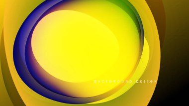 Soyut canlı katmanlar dairesel tasarım oluşturur. Sarı egemen, yeşil, mor ve turuncu renkte karışıyor. Siyah arkaplan renk karşıtlığını artırır.