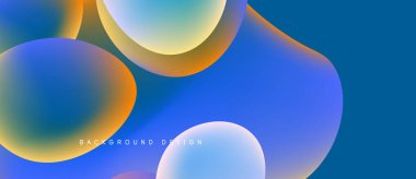 Soyut sıvı şekilleri örtüşür, parlak mavi ve turuncu renkler yaratır. Modern tasarım hareketi, derinliği, görsel ilgiyi çağrıştırıyor.