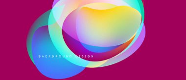 Soyut renkli şekiller örtüşür, dinamik görsel efekt yaratır. Parlak renkler morumsu arkaplan ile harmanlanır. Modern tasarım ögesi.