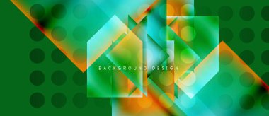 Soyut geometrik desen. Canlı yeşil, turuncu, turkuaz renk karışımı. Üst üste binen şekilleri, daireleri, metni olan modern tasarım.