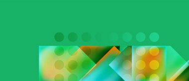 Soyut geometrik bileşim. Canlı renkler karışıyor, dinamik görsel deneyim yaratıyor. Şekiller örtüşüyor, derinlik ve hareket öneriyor..