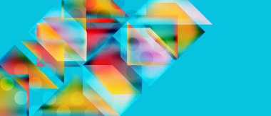 Soyut geometrik şekiller örtüşür, canlı renkli kompozisyon oluşturur. Turkuaz arka plan görsel etkiyi arttırır.