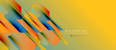 Soyut geometrik şekiller örtüşür, canlı gradyanlar yaratır. Sarı arka plan turuncu ve mavi renkleri tamamlıyor. Modern tasarım ögesi.