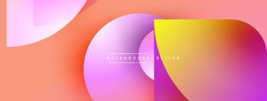 Abstract shapes overlap, creating vibrant gradients. Pink, orange, yellow hues dominate composition. Modern design element.