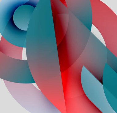 Soyut kompozisyon. Üst üste binen şekiller dinamik görsel efekt yaratır. Renkler karışıyor, yumuşak eğimler oluşturuyor. Modern tasarım.