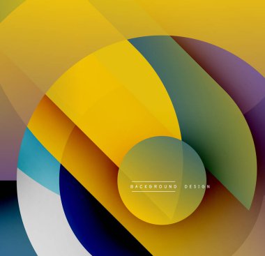 Abstract geometric shapes overlap, creating vibrant color gradients. Yellows, blues, purples dominate composition. Modern design element.