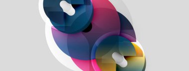 Abstract shapes overlap, creating vibrant color blends. Pill forms intersect curves, suggesting movement, depth, modern design.