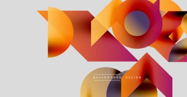 Soyut geometrik şekiller örtüşüyor, canlı renk eğimleri yaratıyor. Modern tasarım elementleri dinamik bileşimi önerir.