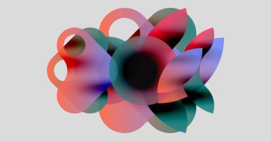 Soyut kompozisyon. Üst üste binen renkli şekiller dinamik görsel efekt yaratır. Yumuşak eğimler, akışkan formlar, modern tasarım.