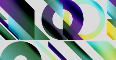 Abstract composition featuring overlapping circles, triangles, gradients. Colors blend, creating dynamic visual experience. Modern design elements present.