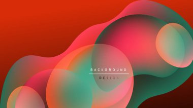 Abstract fluid shapes overlap, creating vibrant color gradients. Red, teal, pink hues blend against dark background. Modern design element.