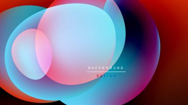 Abstract fluid shapes overlap, creating vibrant color gradients. Design features blues, pinks, reds against dark background. Modern aesthetic.