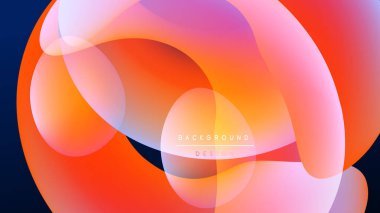 Abstract fluid shapes overlap, creating vibrant orange, pink hues. Dark background emphasizes colorful design elements. Modern, dynamic composition.