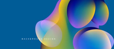 Abstract colorful shapes overlap blue background. Gradient hues create dynamic visual effect. Modern design element for digital projects.