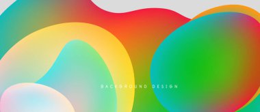 Abstract colorful shapes overlap creating vibrant fluid design. Smooth gradients blend hues, forming modern background.
