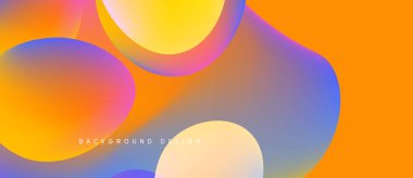 Abstract fluid shapes blend, creating vibrant orange, yellow, blue gradients. Modern design evokes energy, movement, visual interest.